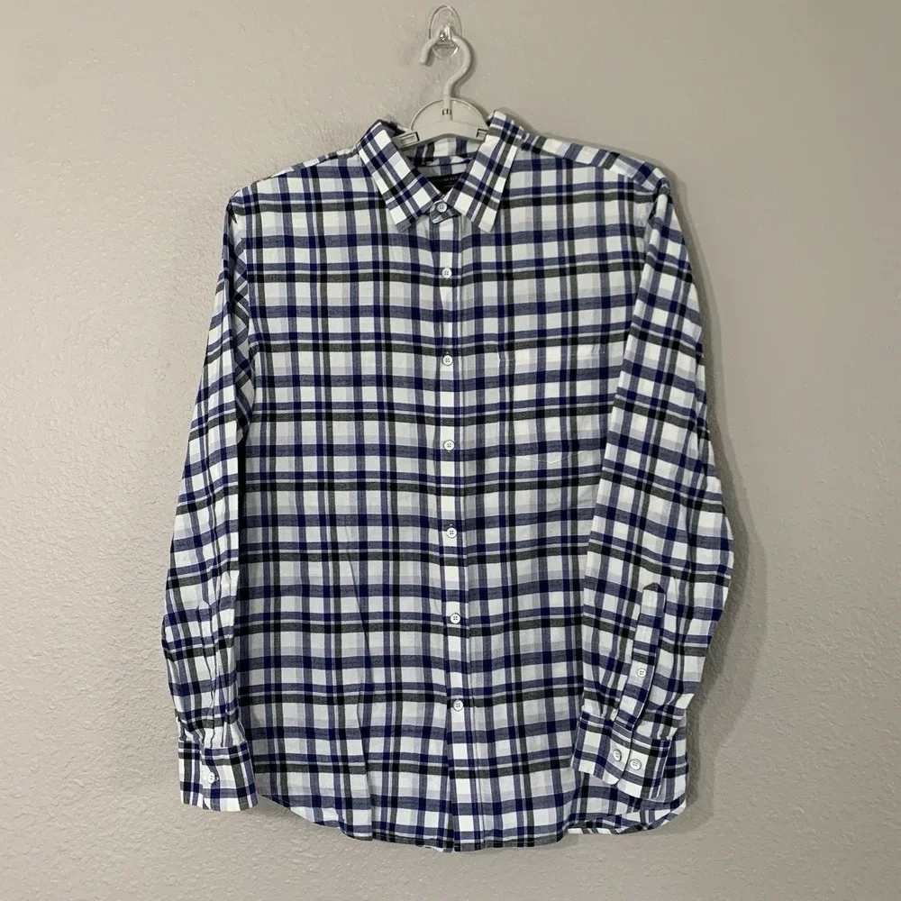 Banana Republic Men's Lg White Blue‎ Black Plaid Button Down Shirt Standard Fit